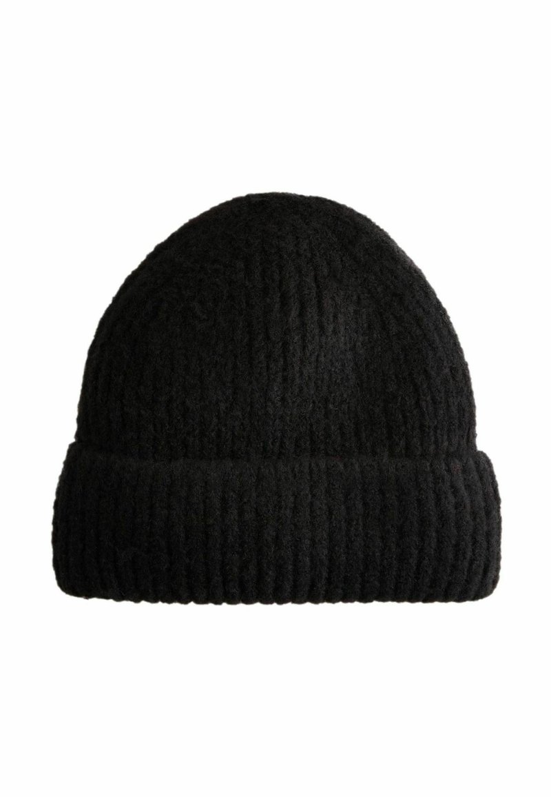 Schwarze gestrickte Mütze mit geribbelter Textur und umgeschlagenem Saum. Hergestellt aus warmem Material, hat sie eine runde Oberseite und ein nahtloses Design.