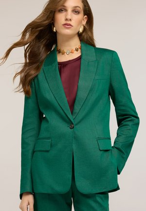 Kobieta o długich brązowych włosach, ubrana w zielony garnitur, bordową bluzkę, złote kolczyki i koralikowy naszyjnik typu choker na neutralnym tle.