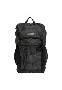 Black mesh backpack with gray checkered pattern, orange accents, multiple compartments, and adjustable straps. Features a top handle for easy carry.