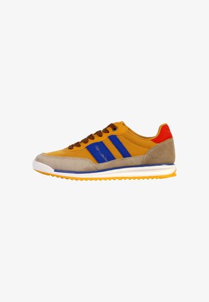 Lace-up athletic shoe with a mustard yellow upper, blue stripes, grey suede accents, and an orange heel. White midsole with a textured sole.
