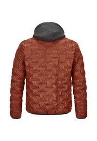 Braune Lederjacke mit gestepptem Muster, ausgestattet mit einer grauen Kapuze und schwarzem Futter. Das Design weist ein voluminöses, schichtartiges Aussehen auf.