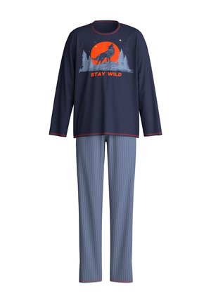 Marineblaues Langarmshirt mit Wolf- und rotem Mond-Design und Text "Stay Wild,", kombiniert mit blau-weiß gestreifter Hose.