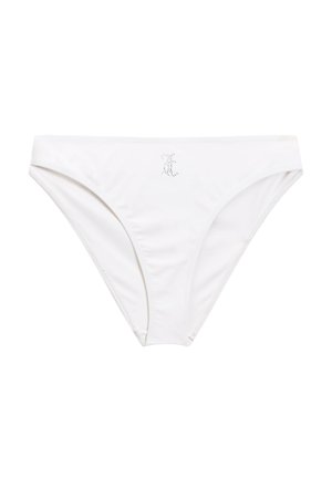 Witte bikini slip van soepel materiaal, met een laag uitgesneden ontwerp, dunne zijkanten en een klein decoratief logo van rhinestones.