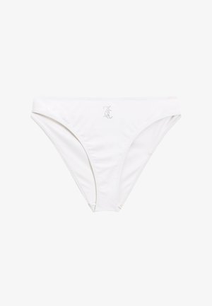Witte bikini slip van soepel materiaal, met een laag uitgesneden ontwerp, dunne zijkanten en een klein decoratief logo van rhinestones.