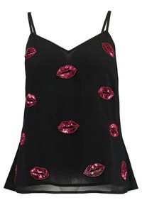 Sorte ærmeløs camisole-top med pink glitrende læber-motiver, V-hals-design og en løs pasform med en let udvidet kant.