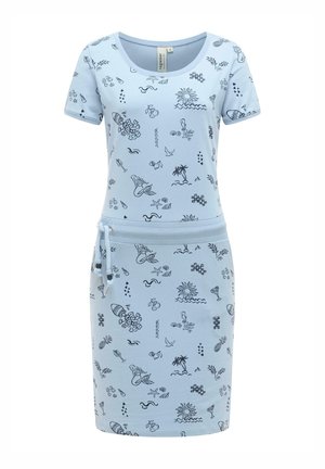 Lyseblå kortærmet kjole med sorte sommerinspirerede kruseduller, rund halsudskæring og snøre i taljen med perler.