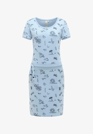 Hellblaues Kleid mit kurzen Ärmeln, schwarzen sommerlichen Kritzeleien, einem U-Boot-Ausschnitt und einem Taillenband mit Perlen.