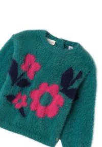 Türkiser, flauschiger Pullover mit pinkem und dunkelblauem Blumenmuster; hat einen runden Ausschnitt und lange Ärmel; aus weichem, strukturiertem Material hergestellt.