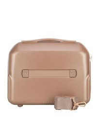 Hard-shell reistas in metallic roségoud, rechthoekige vorm, met een gestructureerd oppervlak, voorzien van een handvat aan de bovenkant en een afneembare schouderband.