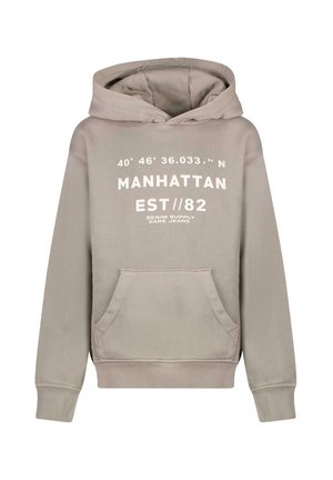 Lichtgrijze hoodie met een voorzak, verstelbare capuchon met trekkoord en bedrukte tekst op de voorkant. Zachte stof met een gladde textuur.