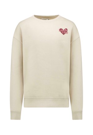 Beige sweatshirt met ronde hals en lange mouwen en een kleine rode hartgrafiek met de tekst "Love Lane" op de bovenste linkerborst.