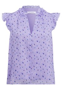 Blusa lilla con colletto arricciato, maniche corte a sbuffo, righe verticali e motivi a goccia blu e bianchi sparsi. Chiusura con bottoni.