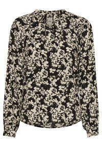 Černá blůza s bílým květinovým vzorem, dlouhé rukávy, pletený přední díl a kulatý výstřih s detaily na zavázání na zadní straně. Lehká, texturovaná látka.