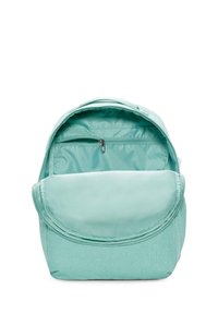 Mint green backpack with a textured surface, featuring a zippered compartment and a front flap with a smooth finish, open to reveal interior.