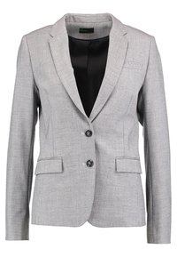 Gray textured blazer with a notched lapel, featuring two front pockets and two buttons. Black interior lining visible.