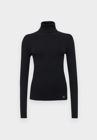 Svart ribbad långärmad polotröja med smal passform och liten Calvin Klein-logotyp på nederkanten till vänster.