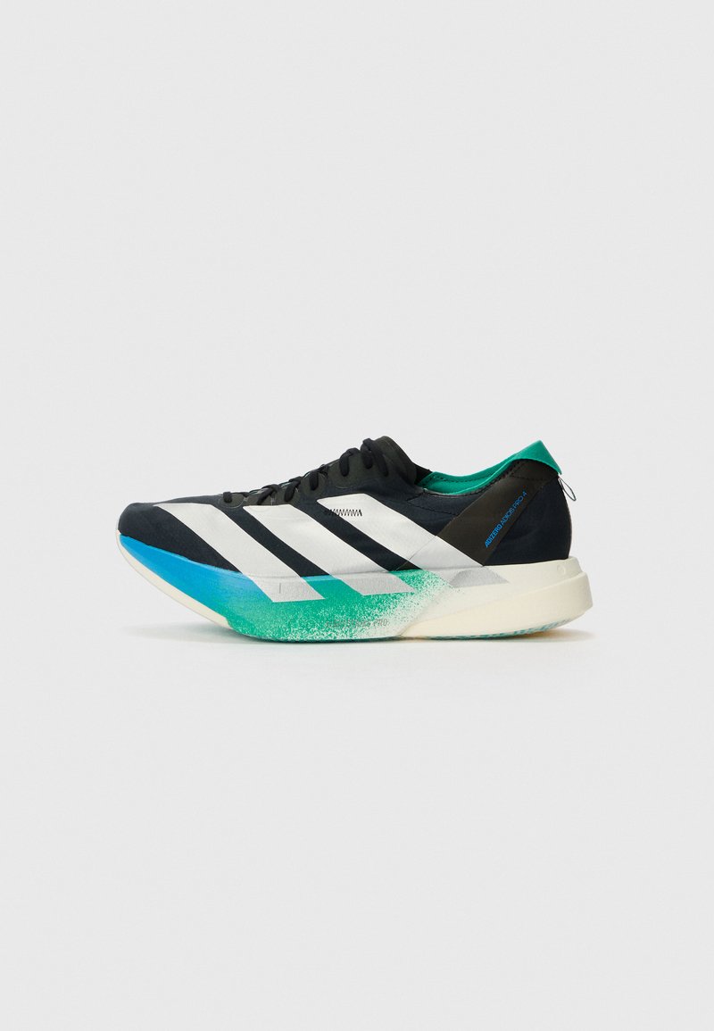 Black athletic shoe with white stripes, teal green accents, and a gradient blue-to-green sole. Lightweight design with textured upper.