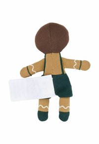 Weiche Stoffpuppe mit braunen Haaren, beigem Körper, grünem Rock und weißen Akzenten an den Armen. Enthält ein Pflegeetikett, das auf der Rückseite befestigt ist.