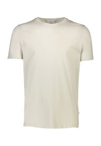 Vaalean värinen puuvillainen t-paita, lyhyet hihat, pyöreä kaula-aukkko, suora leikkaus, sileä pinta, jossa on pieni tuotemerkintä sivussa.