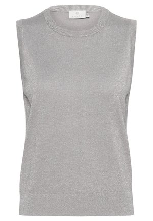 Sleeveless silver top with a round neckline, made of shimmery knitted material. Features a fitted design and ribbed edges.