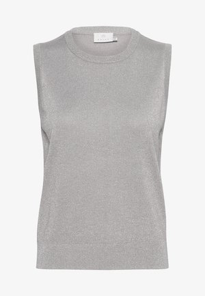 Ärmelloses silbernes Top mit rundem Ausschnitt, aus schimmerndem Strickmaterial gefertigt. Verfügt über eine figurbetonte Passform und gerippte Kanten.