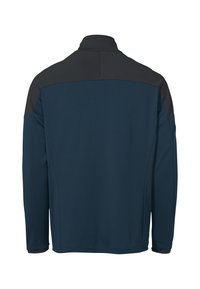 Giacca pullover blu navy con colletto alto e dettagli neri sulle spalle. Realizzata in tessuto texturizzato, ha una linea dritta e maniche lunghe.