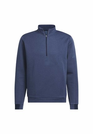 Granatowy sweter sportowy z półzamkniętym kołnierzem, z fakturowanym wzorem żeberkowym i kontrastowymi mankietami. Miękka tkanina zapewniająca wygodę.