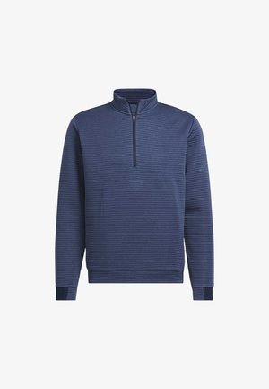 Mörkblå tröja med en halvlång dragkedja vid kragen, med ett texturerat ribbat mönster och kontrasterande muddar. Mjukt tyg för komfort.