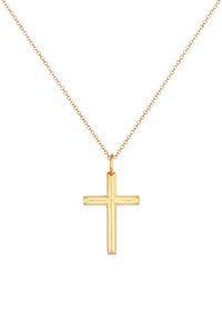 Collana con pendente a croce d'oro con una superficie liscia e lucida, appesa a un delicato collier d'oro. Design geometrico semplice, senza ulteriori adornamenti.