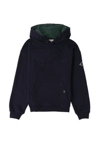 Felpa blu navy con foderato verde scuro nella cappuccio, ricamo con la scritta "Roy Roger's Est. 1952 Italia", tasca frontale con bottoni a scatto e patch del logo sulla manica.