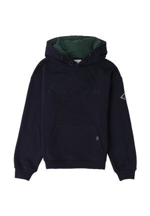 Felpa blu navy con foderato verde scuro nella cappuccio, ricamo con la scritta "Roy Roger's Est. 1952 Italia", tasca frontale con bottoni a scatto e patch del logo sulla manica.