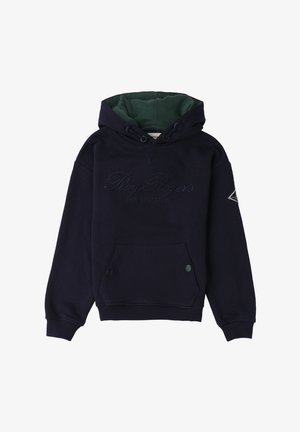 Sudadera de marina con forro de capucha verde oscuro, texto bordado "Roy Roger's Est. 1952 Italia", bolsillo frontal con broches y parche con logo en la manga.