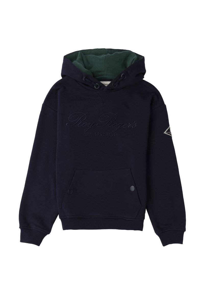 Felpa blu navy con foderato verde scuro nella cappuccio, ricamo con la scritta "Roy Roger's Est. 1952 Italia", tasca frontale con bottoni a scatto e patch del logo sulla manica.