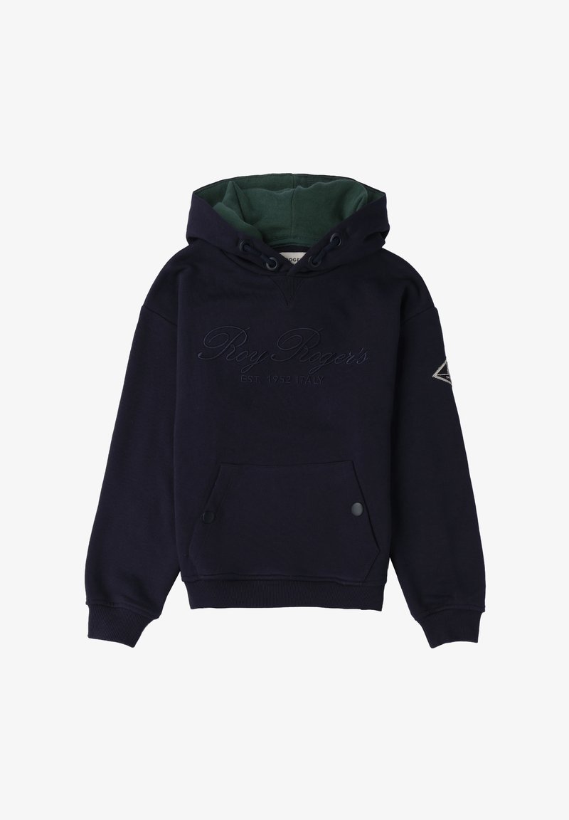 Felpa blu navy con foderato verde scuro nella cappuccio, ricamo con la scritta "Roy Roger's Est. 1952 Italia", tasca frontale con bottoni a scatto e patch del logo sulla manica.