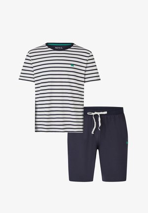Witte korte mouw heren T-shirt met zwarte horizontale strepen, gecombineerd met marineblauwe shorts met trekkoord. Beide hebben kleine groene berenlogo's.
