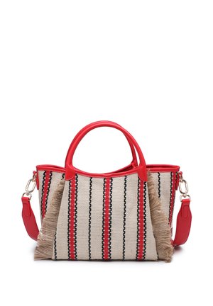Piccola borsa a mano con manici e bordi in pelle rossa, corpo in tessuto beige con strisce verticali rosse e nere e dettagli sfrangiati ai lati.