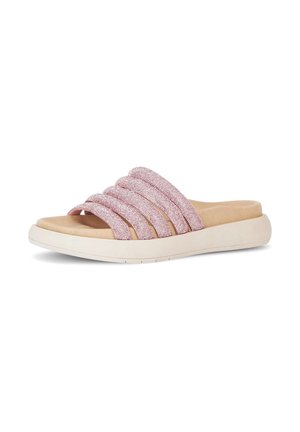 Slide-on sandal with beige cushioned sole and five pink glittery fabric straps across the front for open-toe style and comfort.