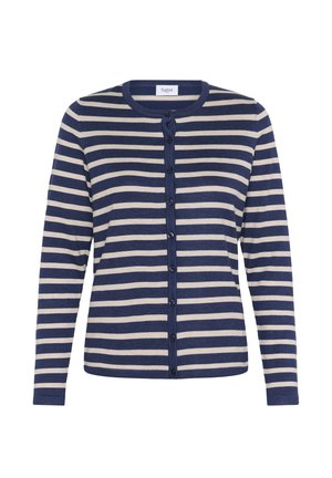 Striped cardigan in navy and cream, made from a soft material, featuring a round neckline, long sleeves, and six front buttons.