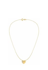 Collana con catena d'oro caratterizzata da un ciondolo a forma di cuore lucido con un piccolo accento di diamante. Design semplice con chiusura a moschettone.