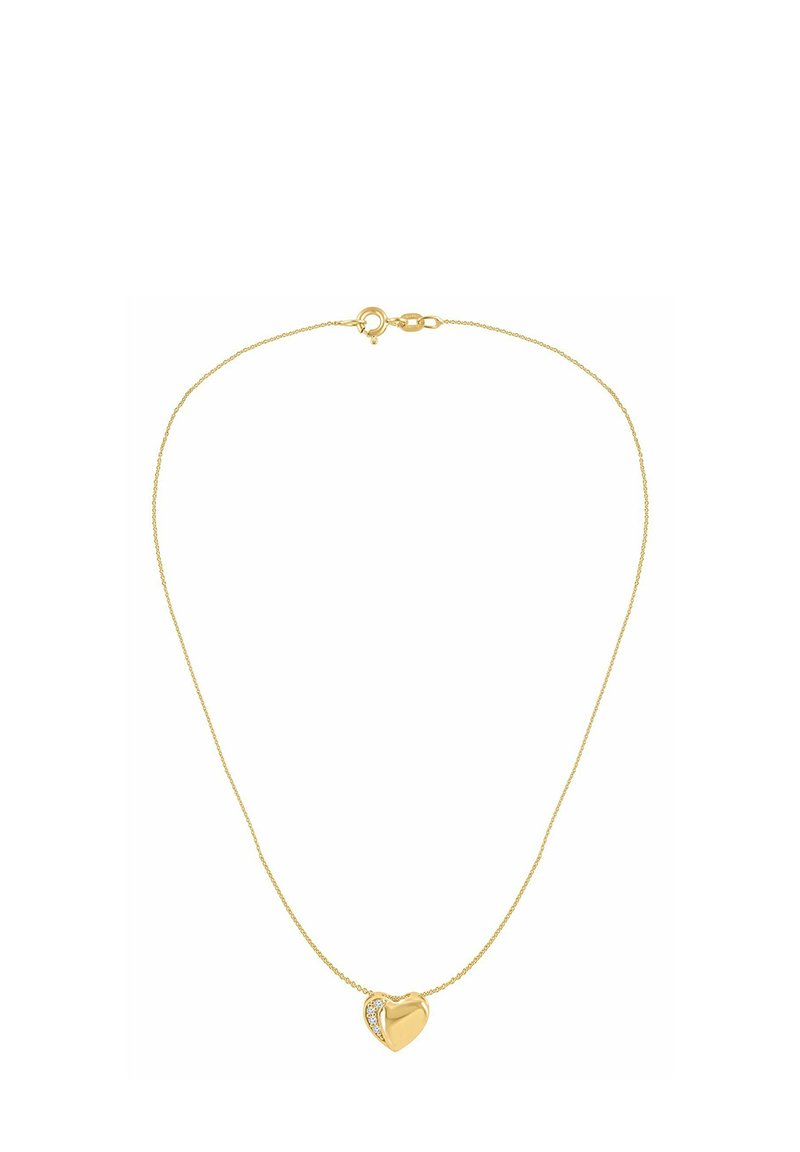 Collana con catena d'oro caratterizzata da un ciondolo a forma di cuore lucido con un piccolo accento di diamante. Design semplice con chiusura a moschettone.