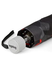 Compact, folding umbrella with a black and red plaid fabric cover. Features a white rubber handle with textured accents and ergonomic design.