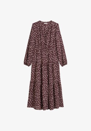 Long purple dress with a floral pattern in cream, featuring long sleeves, a gathered bodice, and a tiered skirt design.