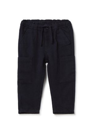 Pantalones de algodón azul marino oscuro con cinturilla elástica, cordón ajustable y dos bolsillos laterales tipo cargo. Textura suave, diseño de pierna ajustada.