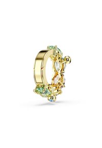 Gold hoop earring featuring multiple faceted gemstones in green, pink, and blue, with a smooth, polished surface and spherical accents.