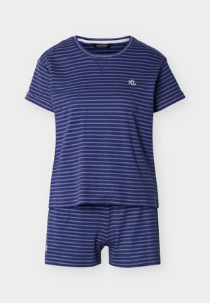 Navy blue short-sleeve top and shorts set with thin white horizontal stripes and small white "RLL" logo on the chest.
