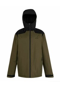 Chaqueta impermeable de hombre en verde oliva con capucha negra, paneles en los hombros, cremallera frontal y bolsillos laterales con cremallera.