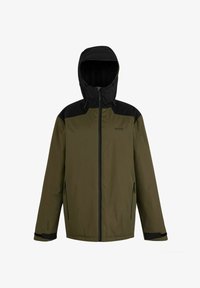 Chaqueta impermeable de hombre en verde oliva con capucha negra, paneles en los hombros, cremallera frontal y bolsillos laterales con cremallera.