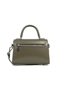 Borsa a mano verde oliva con manico superiore, con una tasca anteriore con cerniera e una tracolla rimovibile, esposta su uno sfondo bianco.