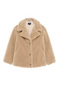 Chaqueta de piel sintética beige con cuello con muescas, botones frontales y bolsillos laterales. Textura suave y corte holgado; interior forrado.