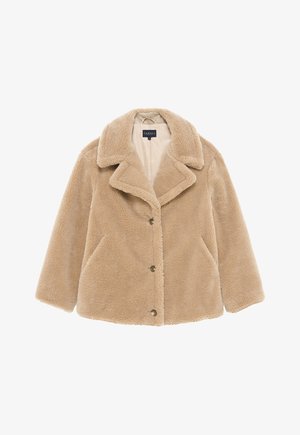 Chaqueta de piel sintética beige con cuello con muescas, botones frontales y bolsillos laterales. Textura suave y corte holgado; interior forrado.